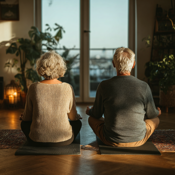 Idősebb pár jógázik a természetben